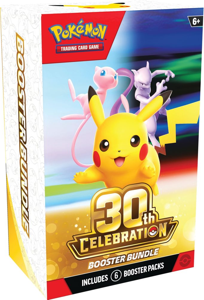 Sealed Pokemon TCG: 30th Celebration Booster Bundle containing six booster packs, with Pikachu, Mew and Mewtwo artwork