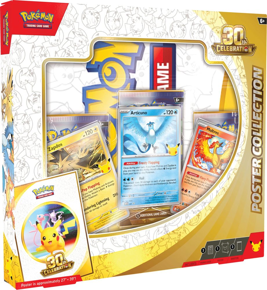 Sealed Pokemon TCG: 30th Celebration Ultra-Premium Collection — Night showing the Articuno, Zapdos and Moltres promo cards and commemorative poster
